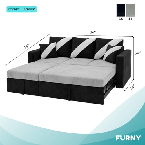 Image of FURNY Trivia 4 Seater LHS Lounger Sofa Cum Bed (Light Gray - Black) with Pull-Out Function | Luxury Velvet Suede Finish | Durable Comfort | Ideal for Living Room