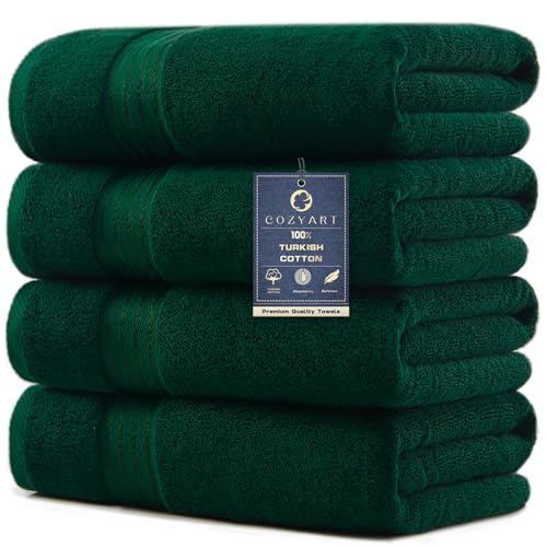 COZYART Luxury Bath Towels 4 PCS, 27x54 650 GSM Turkish Cotton, Dark Green
