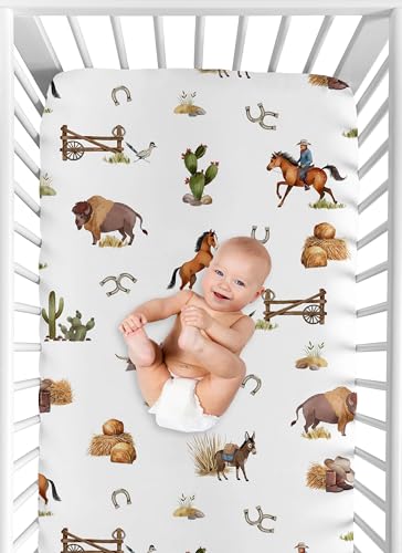 Image of Sweet Jojo Designs Fitted Baby Crib Sheets (Western Cowboy) for Boys, Infant Nursery, Toddler Room - Standard Size (Country, Wild West, Southern Charm, Horse, Steer, Cow, Farm Animal, Desert, Cactus)