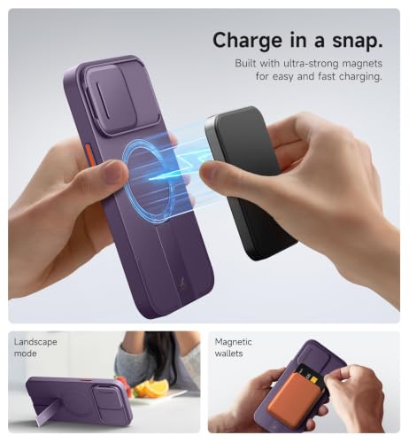 Image of SURITCH for iPhone 14 Pro Max Case with Magnetic Camera Slide Cover and Adjustable Kickstand, Compatible with MagSafe, Shockproof Bumper Case Slim Protective Cover 6.7 Inch, Dark Purple