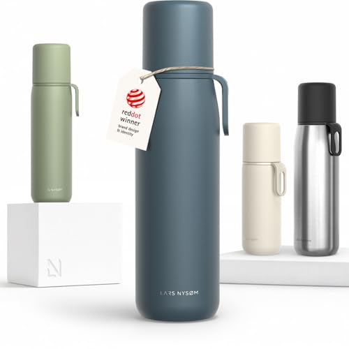 Image of LARS NYSOM Stainless Steel Thermo Water Bottle - Double Wall Insulated Water Bottle with Cup & Carry Strap, Leakproof Metal Bottle for Travel, Office & Outdoor (Stone Blue, 34oz)
