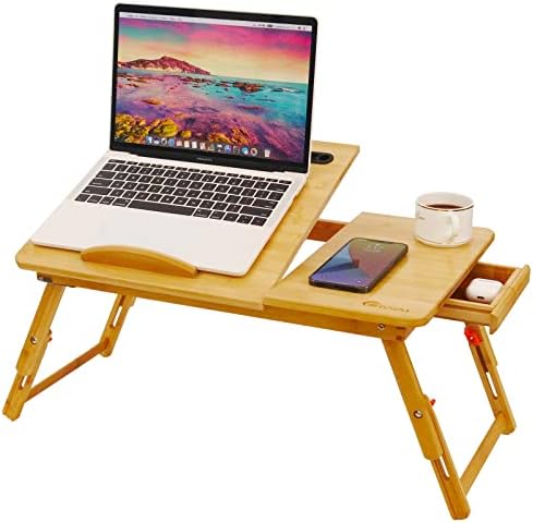 Lap Desk, COIWAI Laptop Desk for Bed, Bamboo Adjustable Height Angle Foldable Stand with Tablet Phone Slot Storage Drawer, Portable Tray Table for Netebook Computer Breakfast Work Study Reading Kids
