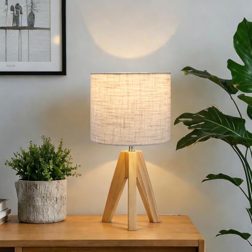 Lámpara de mesa trípode pequeña con base de madera natural miniatura 3