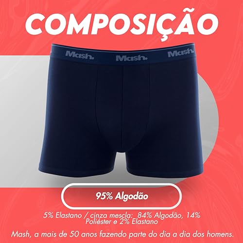 MASH Kit 8 Cueca Boxer Algodão Masculino Adulto, 2 Azul Marinho - 2 Branco - 2 Cinza Mescla Claro -