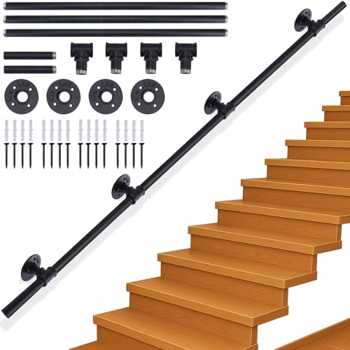 Xyxu Handrails for Stairs 3M Black Banister Handrail Indoor Outdoor Hand Rails for Stairs Non-Slip Industrial Style Grab Stair Hand Rails for Elderly with Wall Mounted Fittings Smooth Welded Ends