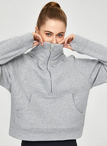 Dragon Fit Women's Half Zippe Sweatshirts High Neck Collar Pullover With Pockets Long Sleeve Crop Tops Thumb Hole Grey #TOP1