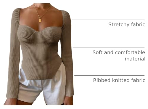 Image of Women's Square Neck Ribbed Knitted Sweater Long Sleeve Crop Slim Fitted Basic Pullover Tops
