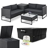 Juskys® Outdoor Polyrattan Lounge Santorini inkl. Abdeckung - Gartenlounge mit Beistelltisch & Auflagenbox - Gartenmöbel Set Rattan Sitzecke wetterfest - Schwarz