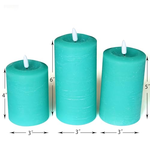 Image of CANDLE CHOICE Real Wax Battery Operated Flameless Candles with Remote Automatic Timer Realistic Flickering Electric LED Pillars Wedding Party Holiday Decorations 3 Pack Rustic Texture Peacock Blue