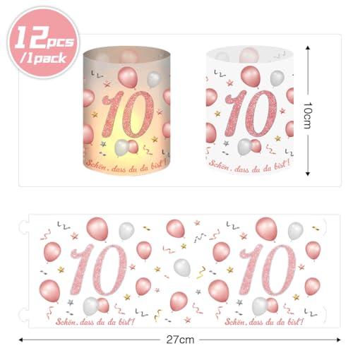 12 Windlicht Tischdeko 10. Geburtstag, Party Deko 10Geburtstag Mädchen, Rosegold 10. Geburtstag Deko, Schön DASS Du Da Bist, Geeignet für Teelichter oder Kerzen, Happy Birthday Tischdeko