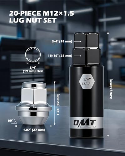 Image of Orion Motor Tech M12x1.5 Lug Nuts, Cone Seat Lug Nut Set with 3 /4 Inch Hex, 12x1.5mm Wheel Lug Nuts Compatible with Ford Focus Fusion Escape and More, 611-303, CV6Z1012C OEM Style, Chrome, Set of 20