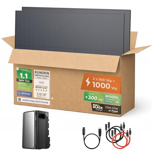 Solarway® 1000Wp / 800W Balkonkraftwerk mit 1,9kWh Speicher komplett Steckdose - 1,9 kWh...