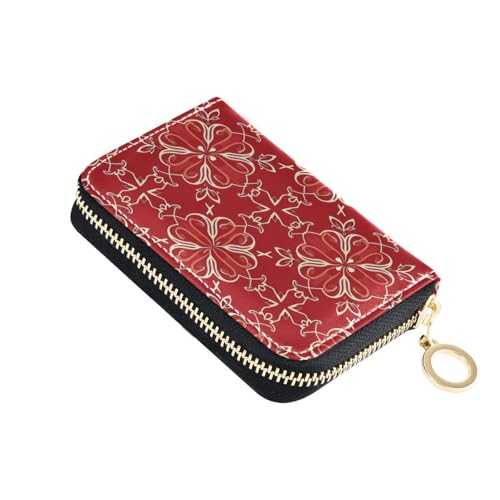 Credit Card Holder Wallet for Women RFID Blocking Zipper Card Cases Paisley Boho Red Leather Slim Small