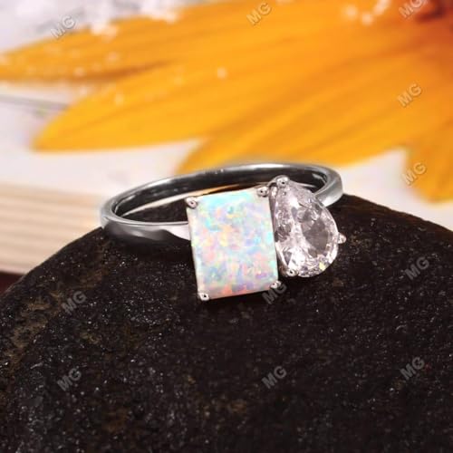 9x7mm Opal & Diamond Ring, Emerald Cut, Two Stone Engagement Ring, 925 Sterling Silver Anniversary Promise Ring Wedding Jewelry Gift for Her4