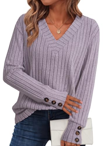 Image of Dokotoo Womens Tops V Neck Lightweight Sweater Fall Long Sleeve Top 2026 | Decorative Buttons, Soft Breathable Knit Material, Pullover Tunic Tops, Business Casual, Fall Outfits, Winter Clothing 2026