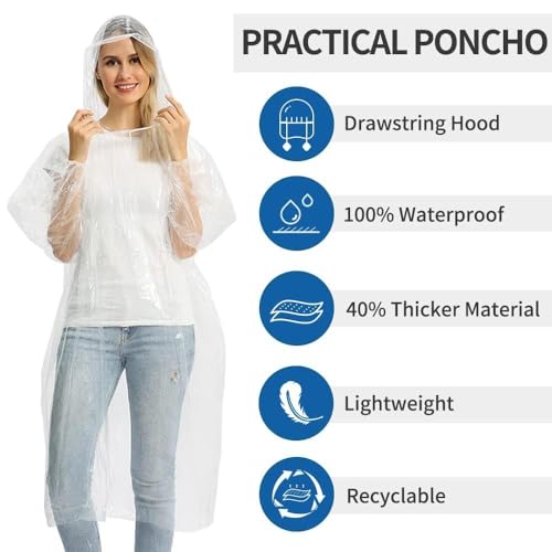 Opret 5/10/20 Pack Rain Ponchos, Disposable Emergency Ponchos Bulk Unisex Waterproof Raincoat for Adults with Drawstring Hood3