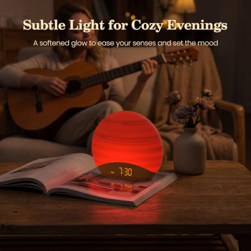 Image of REACHER Natural Wood Grain Sound Machine Sunrise Alarm Clock，26 Nature Inspired Sleeping Sounds, 0-100% Dimmable Clock, Night Light,Brown /Pink /White Noise Sound Machine for Babys, Kids, Adults