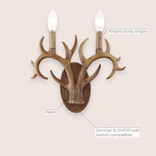 Image of JONATHAN Y 13.25 inch Brown Wood Finish Faux Antler LED Vanity Light Set of 2, Rustic Wall Sconces for Bathroom Mirror Hallway, Southwestern Farmhouse Decor, LED Bulbs Included (JYL6308A)