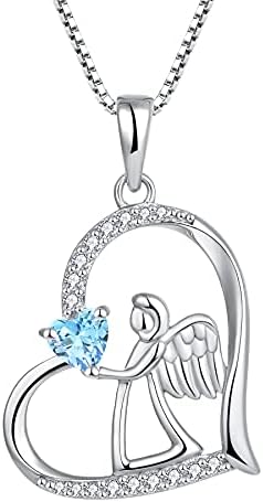 FJ Heart Guardian Angel Necklace 925 Sterling Silver Angel Wing Pendant Necklace with Birthstone Cubic Zirconia Jewellery Gifts for Women Girls