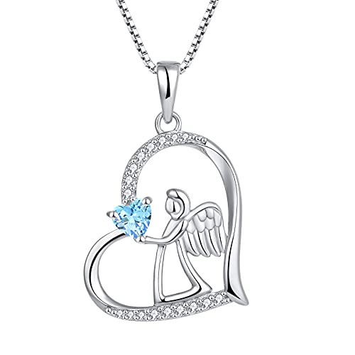 FJ Heart Guardian Angel Necklace 925 Sterling Silver Angel Wing Pendant Aquamarine Necklace March Birthstone Jewellery for Women