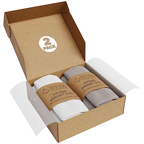 Image of Bassinet Sheet for Bassinet Mattress - 100% Organic Jersey Knit Cotton - Snuggly Soft & Cozy Sheets Fitted for Oval Rectangle & KoolaBaby Bedside Sleeper - White & Grey 2 Pack