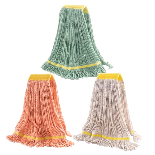 Image of Matthew Cleaning 3Pcs 5'' Headband White&Orange&Green 24Oz Commercial String Mop Heads, Loop-End Mop Head Replacement, Heavy Duty Industrial Washable&Reusable Mop Refills for Residential& Warehouse