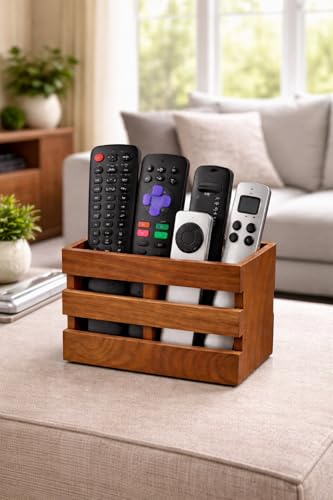 Image of Craftize Mstore Remote Controller Holder, Wooden, Brown, 16.5 x 12.7 cm, Rectangular Caddy with Multi-compartment Design