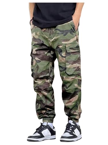OYOANGLE Men's Camo Print Drawstring Elastic Waist Jogger Pants FLA Pocket Cargo Pants