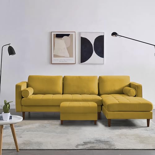 Image of Lezra RHS 4 Seater L Shape Sofa Set with Center Table for Living Room (Yellow Fabric) Premium Fabric Sofa