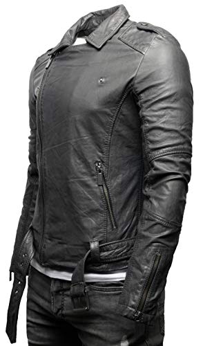 Crone Fynn bikerjas voor heren, basic echt leer of eco-leer, met riem en reverskraag - Image 5