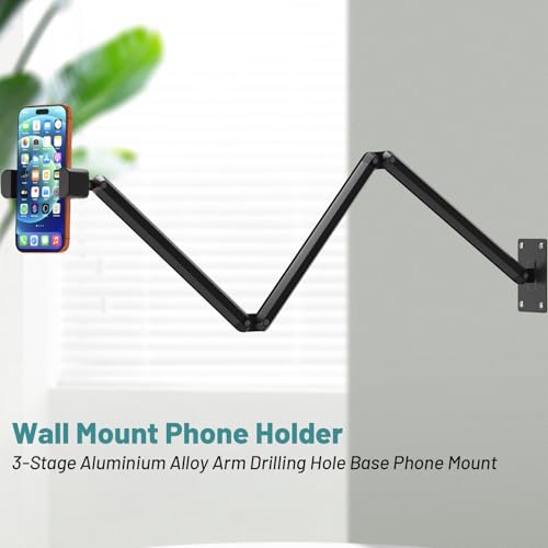 Image of Wall Mount Phone Holder,Phone Holder for Desk Bed,3-Stage Aluminium iPhone Stand,Foldable Extendable Arms Heavy Duty Drilling Base,Compatible with 3.5~7.5 inch iPhone /HTC /LG /Huawei /Galaxy /Smartphones