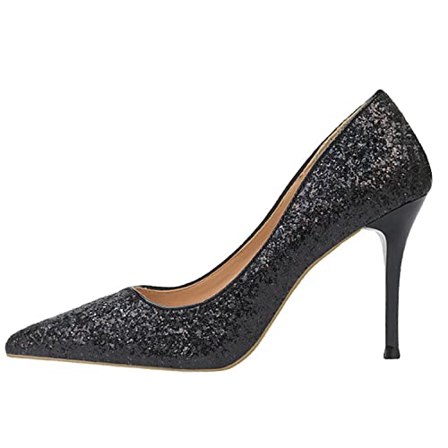 Womens Comfort Dress High Heel Fashion Sequin Pointed Closed Toe Classic Pumps Slip-On Stilettos 12CM Heel Shoes