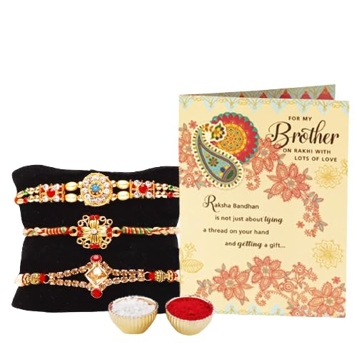 ARCHIESRakhi for Brother Rakshabandhan Combo of 3 Maharaja Designer Rakhis With 1 Roli & Chawal Set-10gm & Greeting Card (Pack of 5) for Bhaiya|Bro|Bhai