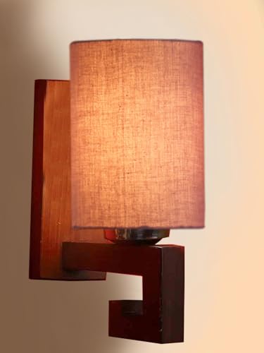Image of Wall Lamp with Wooden Base (H- 10.9 Inch, Pinkish Grey) Wall Sconce for Bedroom /Living Room, Study Room, Hall, Home Office Decor | Indoor Lighting, Warm Ambient Night Light Lamp | Barrel Shape