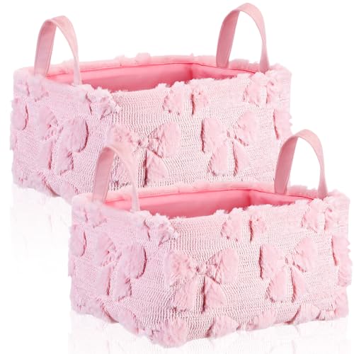 Image of Yiyiring 2 Pcs Pink Bow Storage Baskets 14x10 Inch Easter Gifts Baskets Laundry Foldable Fluffy Storage Bin with Handle Spring Coquette Decor Closet Organizer for Countertop Tabletop Shelf