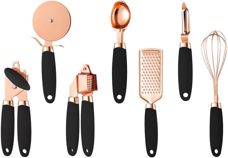 White & Gold Kitchen Tools and Gadgets - Luxe 7PC Cooking Tools and Gadgets with Anti-Slip Handles, Utensils Set, Gold Kitchen Accessories,Premium Kitchen Gadget Set (Rose gold & black)