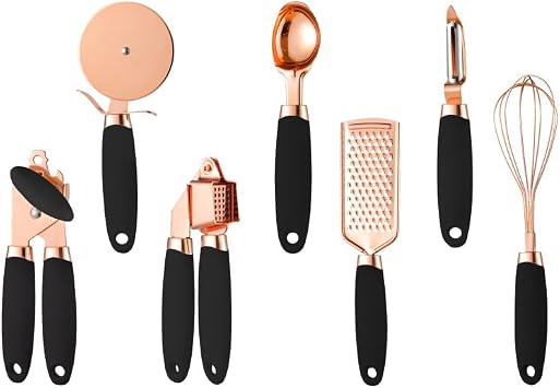 White & Gold Kitchen Tools and Gadgets - Luxe 7PC Cooking Tools and Gadgets with Anti-Slip Handles, Utensils Set, Gold Kitchen Accessories,Premium Kitchen Gadget Set Rose gold & black