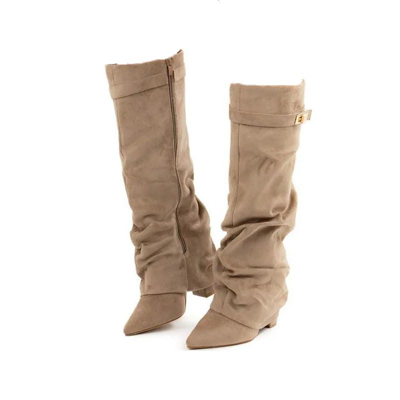 Women Metal Buckle Knee High Boots Pointed Toe Solid Heel Long Fashion Elegant Shoes