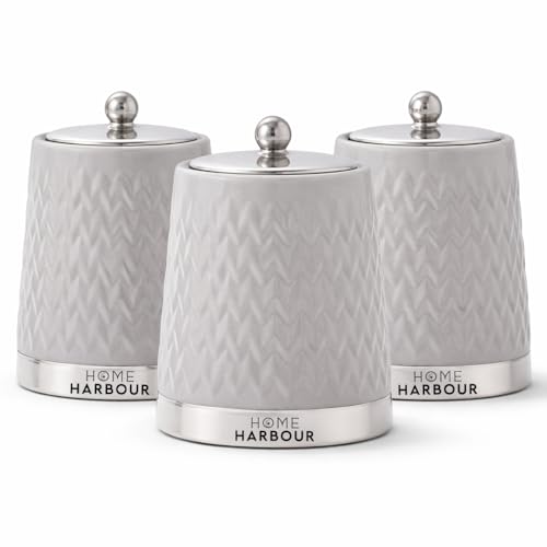 Home Harbour Eden Collection Set of 3 Tea Coffee Sugar Canisters | Modern Ceramic Gloss Jars with Airtight Lids | Storage Jars for Kitchen Countertop Organisation Chrome Ball Lid (Grey)