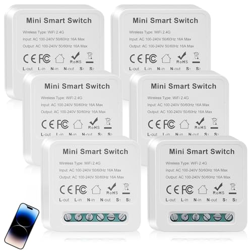 GOMETY Interruptor Inteligente Módulo 2 Vías: 6 Piezas Control APP Interruptor, Interruptor WLAN, para Hogar Inteligente (Blanco)