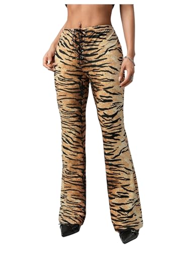 MakeMeChic Women's Leopard Print Pants Lace Up Bell Bottom Flare Y2k Trousers