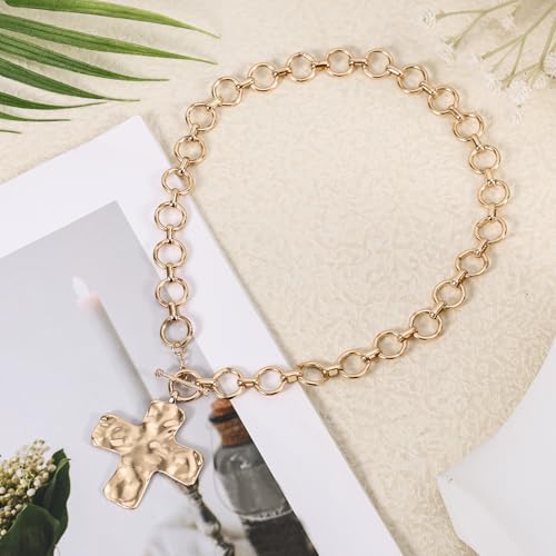 Hammered Cross Necklace, Chunky Statement Gold Cross Chain Necklace Gold Bold Cross Pendant Necklace Hammered Chunky Thick Necklace for Women Fashion Jewelry Accessories3