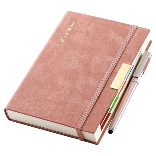 2026 Diary A5 Page a Day,Diary 2026 from Jan to Dec,Full Year Planner 2026,Hardcover Daily Planner with Colorful Monthly Tabs,Pen,Pen Loop, Inner Pocket, Bookmarks (Pink)