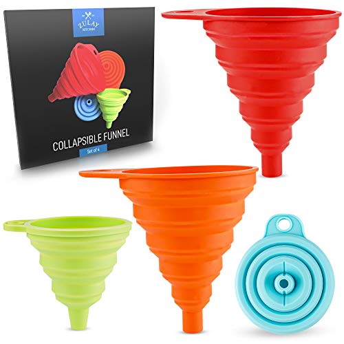 Zulay (Set of 4) Silicone Funnels - Space Saving Collapsible Funnel Set with Narrow Mouth - Flexible Foldable Kitchen Silicone Funnel for Transferring Liquids & Filling Bottles (2 Small & 2 Large)
