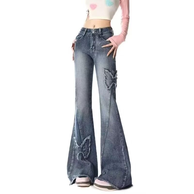 Women's Butterfly Embroidery Flared Jeans Denim Coquette Bow Button Down Jeans High Rise Bell Bottom Pants