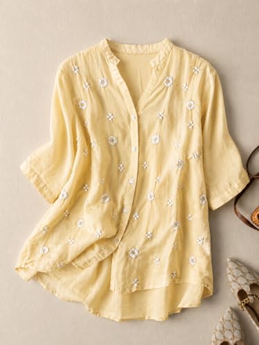 Image of RIEKA Womens Floral Applique Embroidered Fancy Top with Mandarin Collar Button Down Front Half Sleeves Relaxed Fit Casual Tunic Top for Women