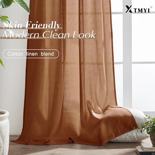 Image of XTMYI Burnt Orange Curtains 2 Panels 84 Inches Long for Bedroom,Boho Back Tab Hooks Pleated Linen Sheer Pumpkin Color Fall Curtains for Living Room