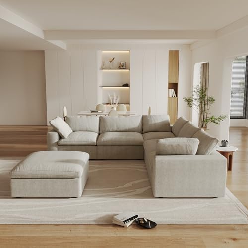 160.6" Cloud Couch Modular Sectional Sofa for Livingroom,Oversized Convertible Sofa with Storage Ottomans,6 Seat Wide Couches,Cushion Covers Removable (Khaki, 6 Seater) - Thumbnail 4