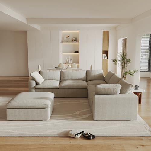 160.6" Cloud Couch Modular Sectional Sofa for Livingroom,Oversized Convertible Sofa with Storage Ottomans,6 Seat Wide Couches,Cushion Covers Removable (Khaki, 6 Seater)
