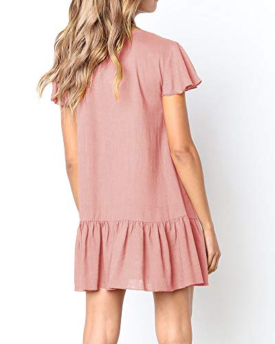 Image of Imysty Womens Polka Dot V Neck Button Down Ruffles Loose Mini Short T-Shirt Dress